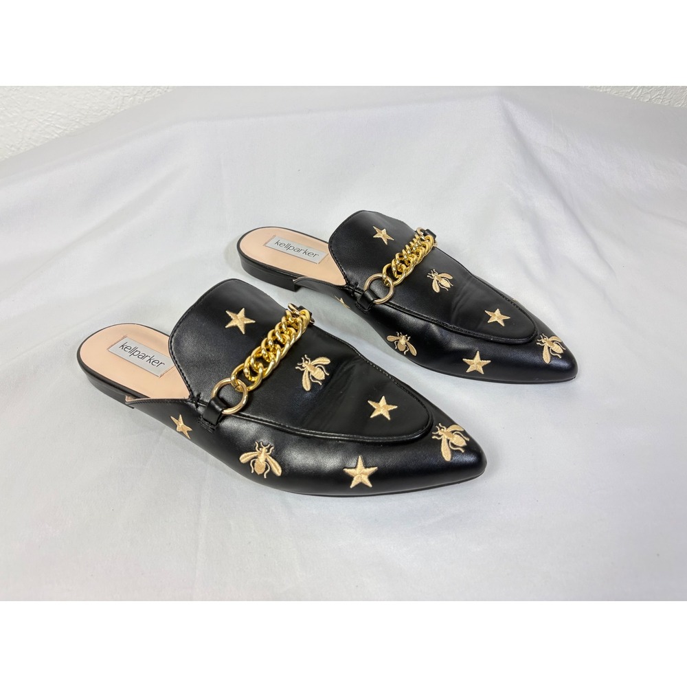 Black Bumble Bee & Star Embroidered Gold Chain Pointed Toe Slip On Flats Size9.5